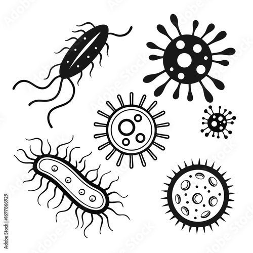 A detailed illustration presents a diverse array of bacteria and viruses, , each carefully rendered to showcase their distinct morphological features