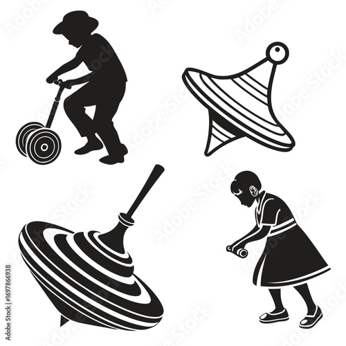 Illustration of children playing with toys, featuring a boy on a scooter, a girl playing with a spinning top, and two different types of spinning tops