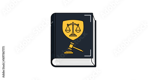 Law and Justice: A symbol of jurisprudence and legal knowledge in black and golden colors represented in a book format