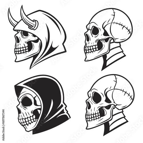 Collection of four stylized skull illustrations in profile view featuring a viking skull grim reaper skull and two classic skulls