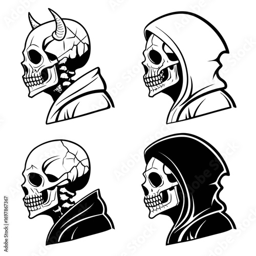 Four stylized skull illustrations in profile showing a devil skull a grim reaper skull and two cracked skulls in different styles