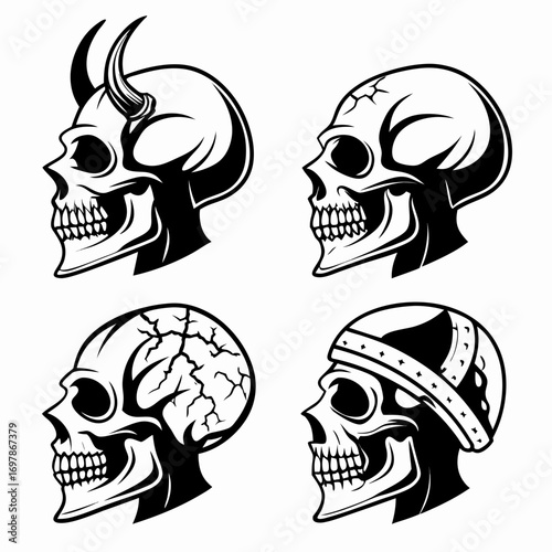 Collection of four distinct black and white skull illustrations in profile view featuring demonic horns cracks and a helmet