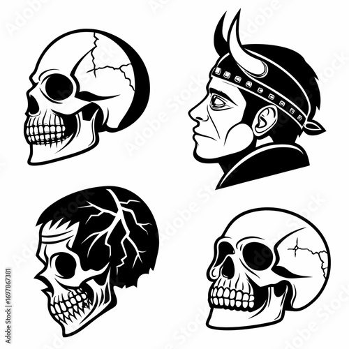 Collection of four stylized skull illustrations in profile view with a viking warrior head and cracked bone details