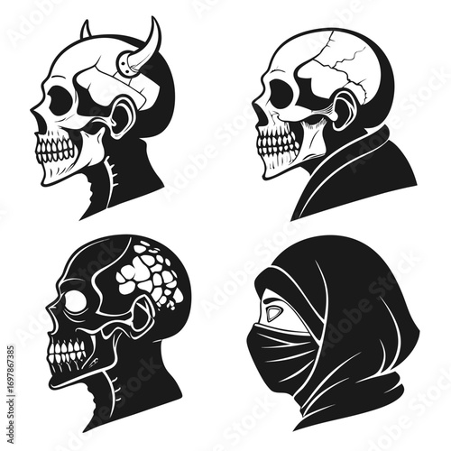 Collection of stylized skull profiles featuring a devil skull cracked skull diseased skull and a veiled person skull