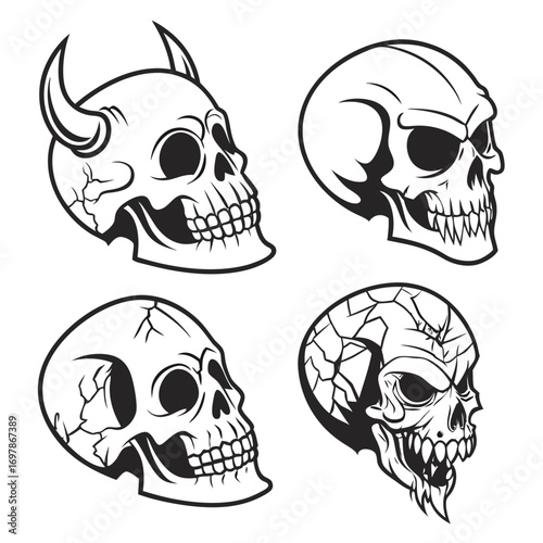 Collection of four stylized skull illustrations with different features and cracked textures on a white background