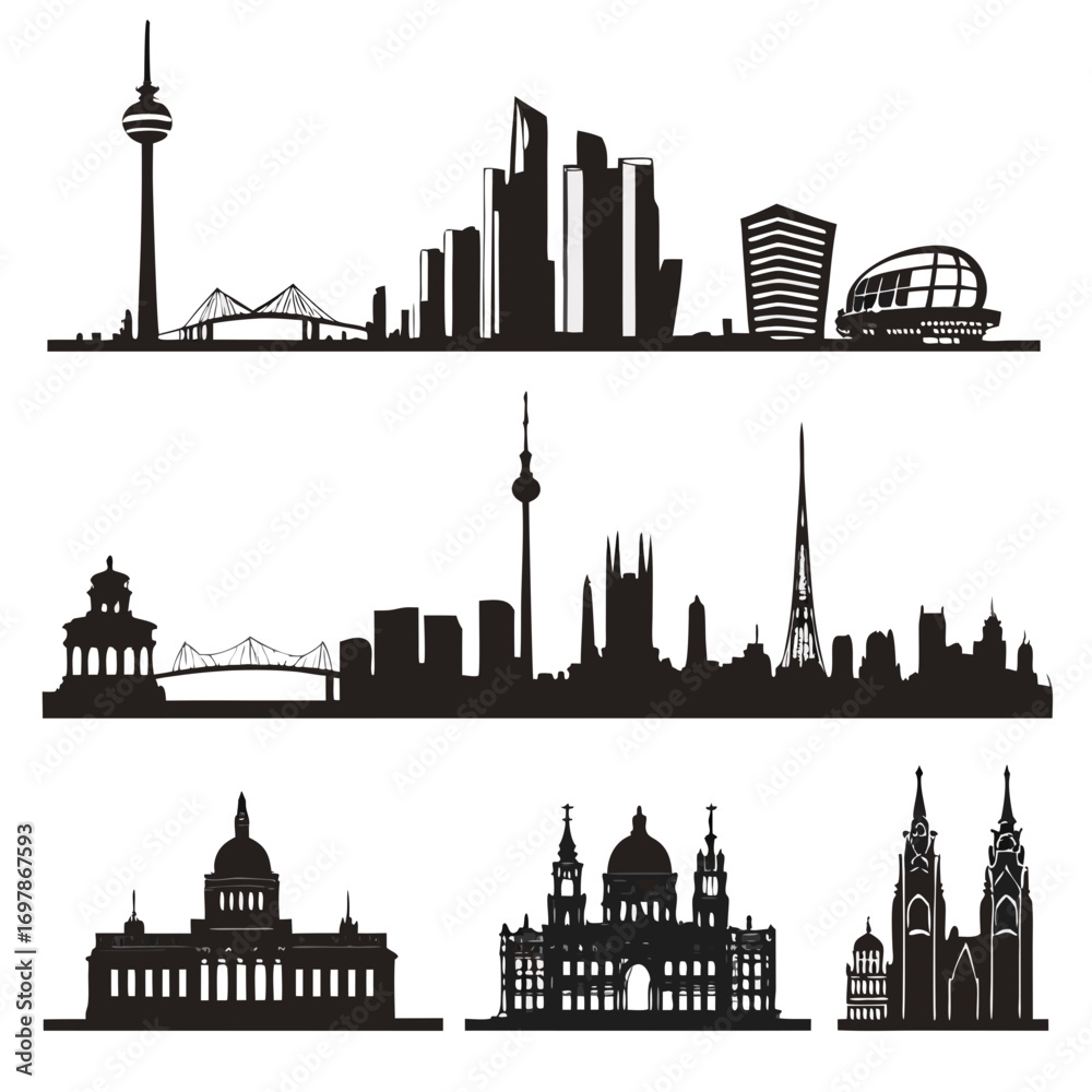 Naklejka premium Collection of city skylines and architectural silhouettes featuring famous landmarks and modern buildings