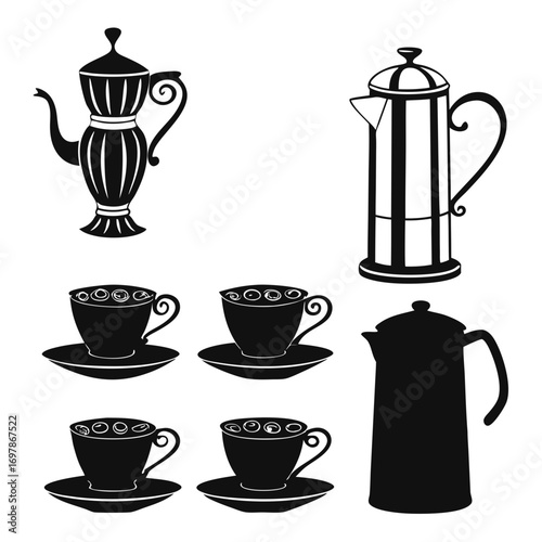 Collection of black silhouette illustrations of coffee brewing equipment and cups on white background