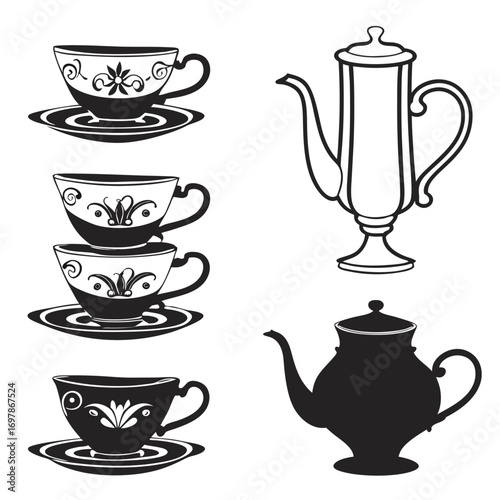 Collection of elegant black and white teacups and teapots with decorative floral patterns and a silhouette design