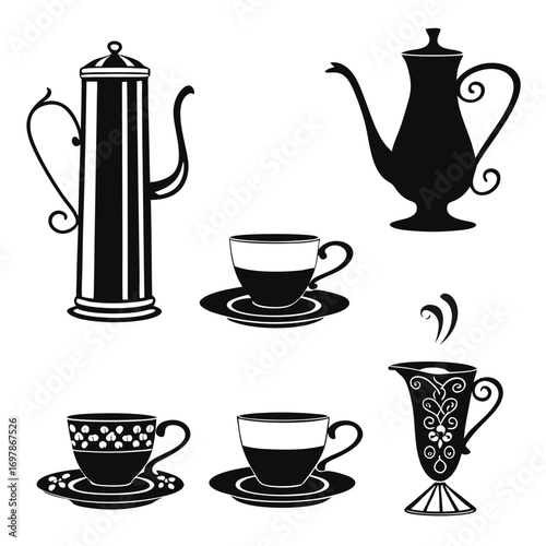 Collection of elegant black and white silhouette illustrations of coffee pots cups and saucers and a creamer