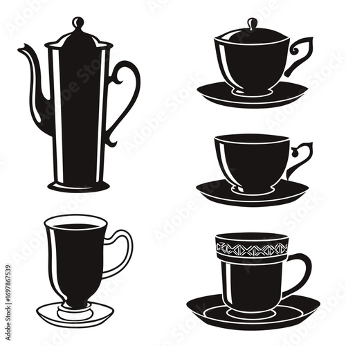 Collection of black silhouette coffee and tea cups and a tall coffee pot on a white background