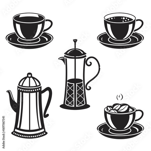 Collection of stylized black and white vector illustrations of coffee brewing and serving equipment and cups