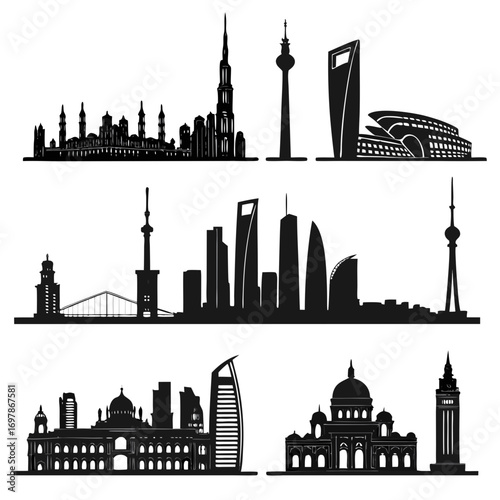 Collection of black silhouette cityscapes featuring famous landmarks and modern architecture against a white background