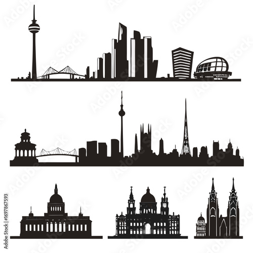 Collection of city skylines and architectural silhouettes featuring famous landmarks and modern buildings