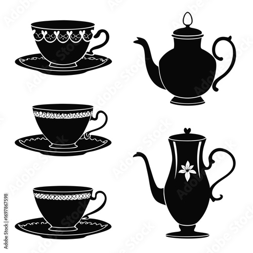 Collection of elegant black silhouette teacups and saucers alongside ornate teapots on a white background