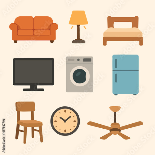 Collection of Household Furniture and Appliances in a Modern Home Setting