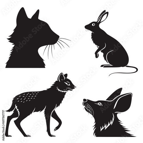 Collection of black silhouette illustrations of various wild animals including a fox rabbit deer and mouse