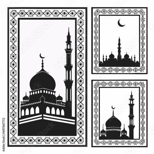 Elegant islamic mosque silhouettes with ornate borders and crescent moon symbols in a triptych design