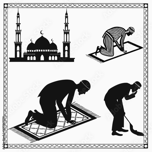 Islamic prayer and mosque silhouette with men performing prayer on prayer mats and one cleaning the floor
