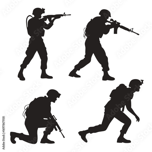 Silhouettes of four soldiers in combat poses with rifles and tactical gear against a white background