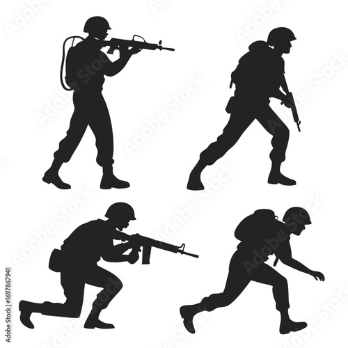 Silhouettes of four soldiers in action poses with rifles and backpacks on a white background