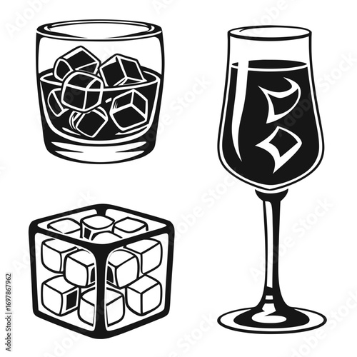 Set of three black and white vector illustrations of alcoholic beverages with ice cubes in glasses and a tray