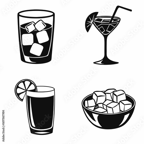 Collection of four black and white vector illustrations depicting various alcoholic and non alcoholic beverages with ice and garnishes