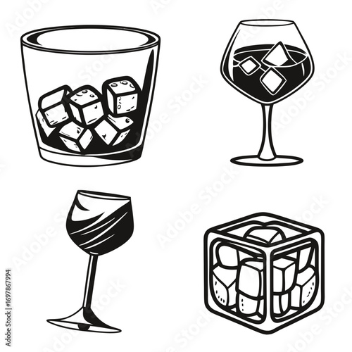 Set of four black and white line art illustrations of alcoholic beverages with ice cubes in glasses