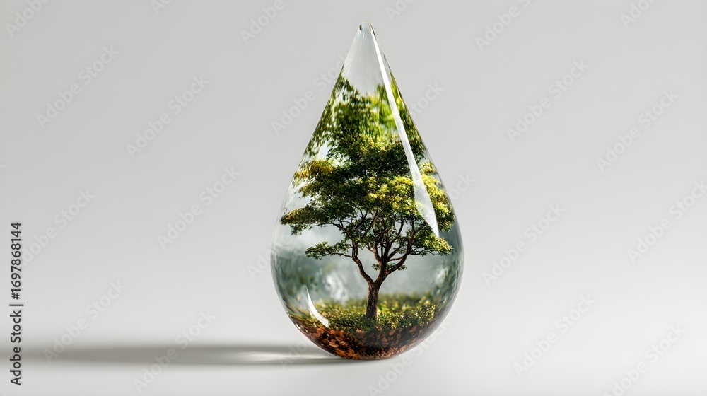 Obraz premium Water droplet containing lush green tree, symbolizing life, nature, and environmental conservation concepts.