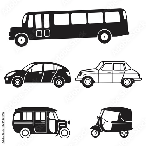 Collection of silhouette icons featuring a bus two cars and two tuk tuks on a white background