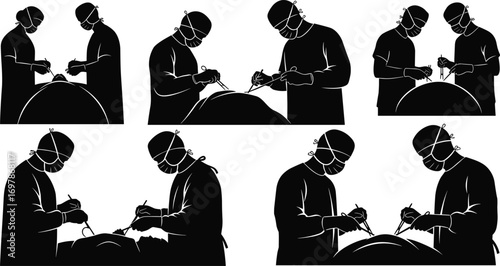 Silhouettes of surgeons performing operations in operating room, medical teamwork vector, surgery procedure, hospital healthcare concept illustration.