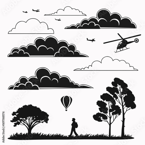 Diverse silhouettes of clouds airplanes helicopter hot air balloon trees and a hiker on grassland
