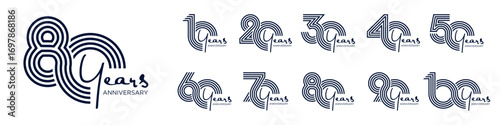 collection anniversary 10 to 100 year logo designs. abstract number for celebration event, wedding, greeting card, and invitation, vector illustration