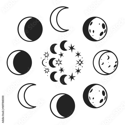 Collection of stylized moon phases and celestial elements including stars and crescent moons arranged in a circular pattern on white background