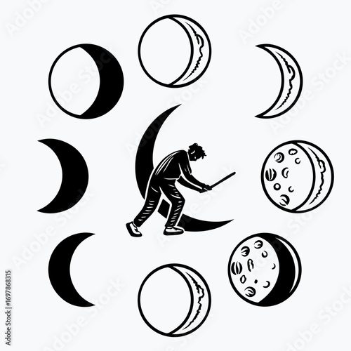Man on crescent moon pushing a stick surrounded by different phases of the moon against a white background