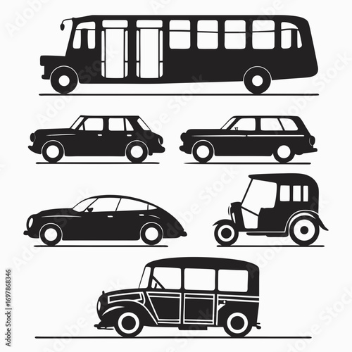 Collection of diverse vintage vehicle silhouettes including a bus sedan station wagon rickshaw and station wagon