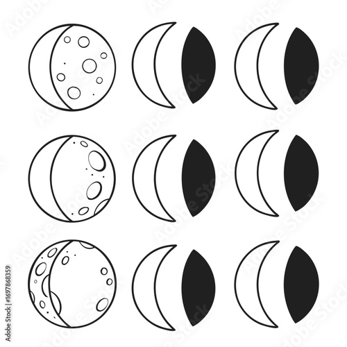 Simple line art illustration of the moon phases showing crescent and gibbous stages with craters