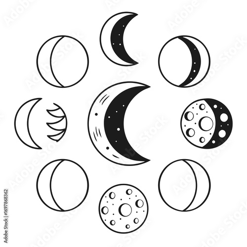Artistic illustration of various moon phases and celestial bodies in a circular arrangement on a white background