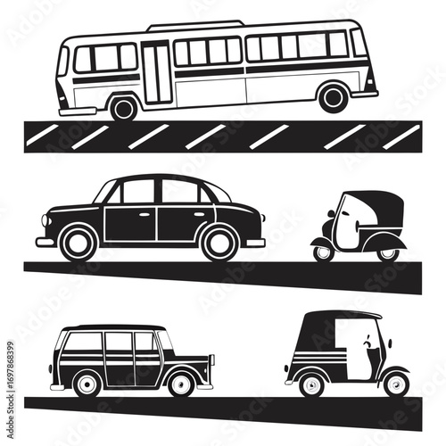 Collection of diverse vehicles including a bus sedan station wagon and auto rickshaws on roads