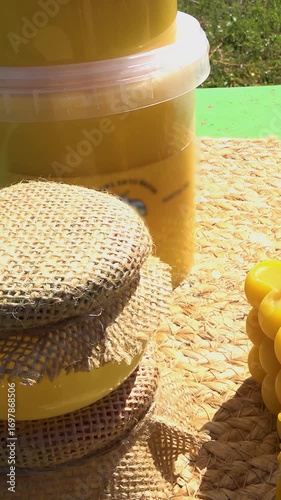 Apiary. Bees collect honey in honeycombs. The product of bees' vital activity is honey.