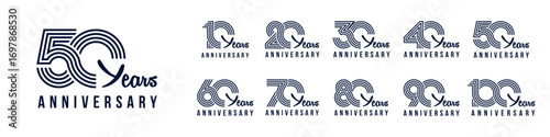 collection anniversary 10 to 100 year logo designs. abstract number for celebration event, wedding, greeting card, and invitation, vector illustration