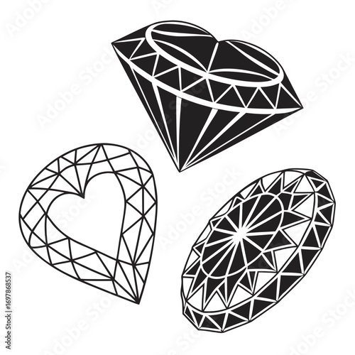 Three stylized black and white line art illustrations of faceted gemstones including a heart shape and round cut diamonds