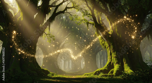 A mesmerizing journey through an ethereal forest where golden light trails dance between majestic, moss-covered trees, bathed in dappled sunlight, evoking wonder and fantasy.