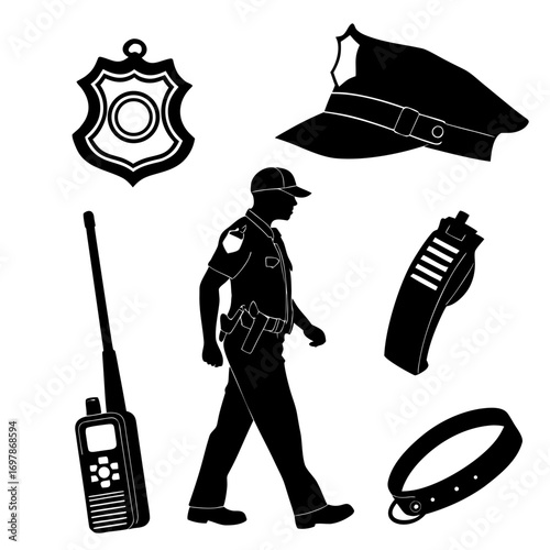 Silhouette of a police officer walking with a badge hat radio and handcuffs on a white background