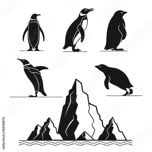Collection of stylized black penguin silhouettes in various poses against a white background with iceberg illustration