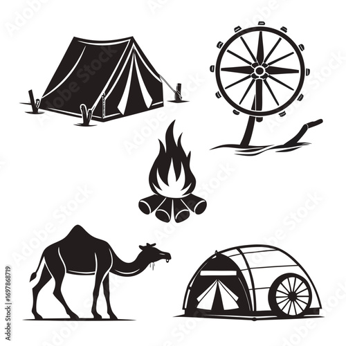 Collection of black silhouette icons representing desert camping with a tent campfire camel and a water wheel element