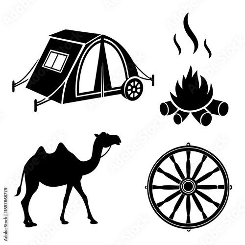 Silhouette icons of a camping trailer tent campfire camel and wagon wheel on white background