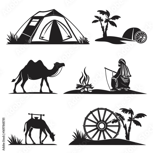 Collection of black and white silhouette illustrations depicting desert life and camping scenes with camels and palm trees