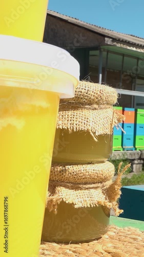 Apiary. Bees collect honey in honeycombs. The product of bees' vital activity is honey.
