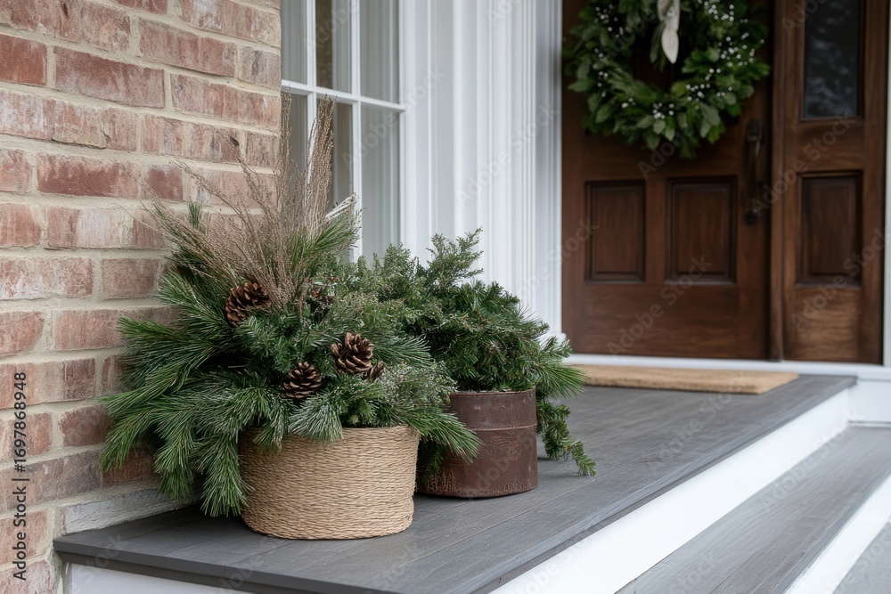 Naklejka premium Close-up detail of a luxurious Christmas garland with ornaments, pine cones, and ribbon