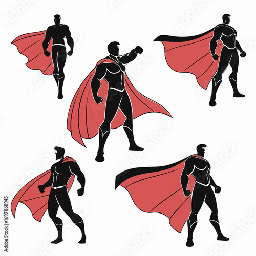 Collection of five stylized silhouettes of muscular superheroes wearing red capes in dynamic poses